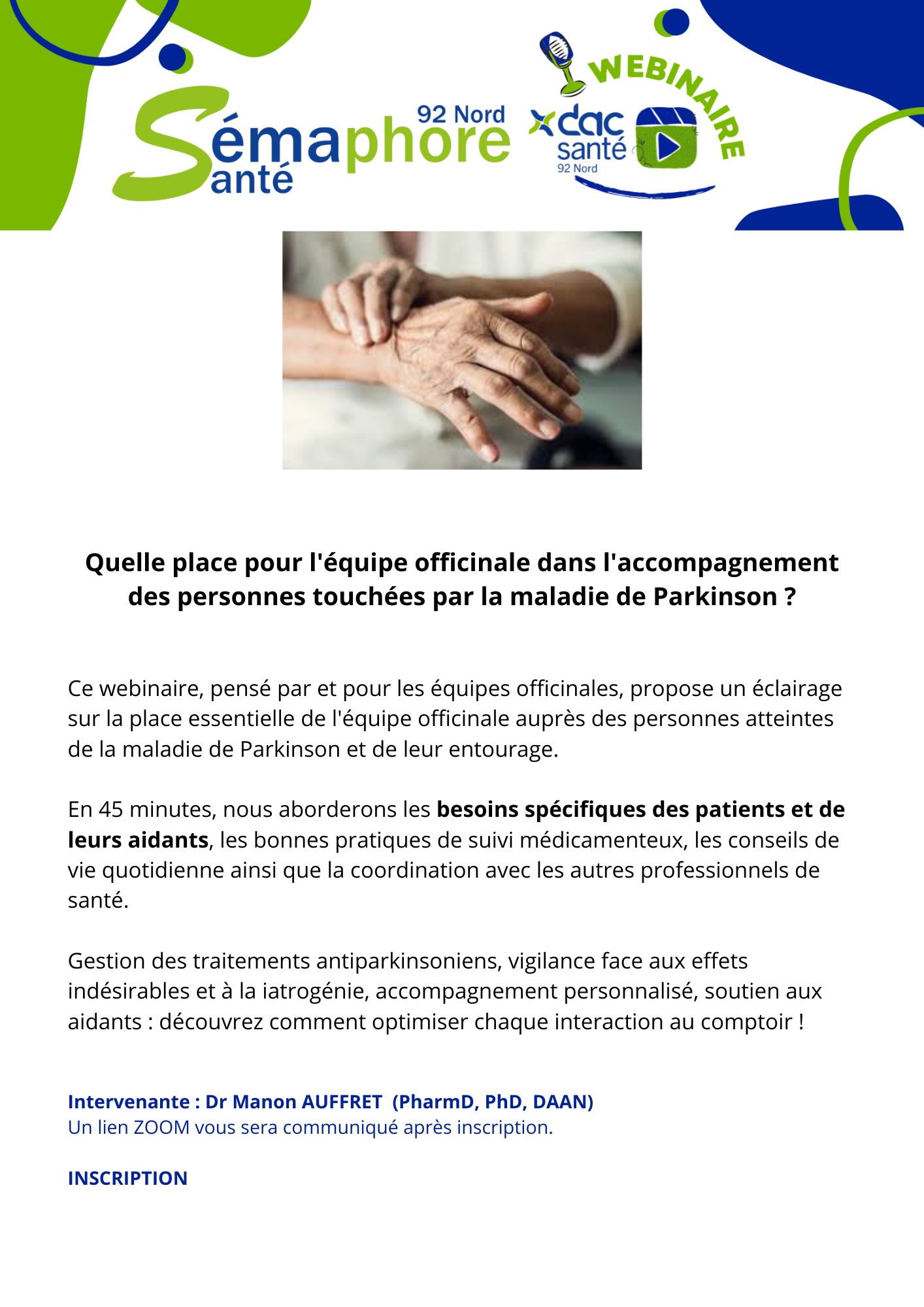 Quelle place pour l'équipe officinale dans l'accompagnement des personnes touchées par la maladie de Parkinson  Ce webinaire, pensé par et pour les équipes officinales, propose un éclairage sur la.jpg (Quelle place pour l'équipe officinale dans l'accompagnement des personnes touchées par la maladie de Parkinson ? Ce webinaire, pensé par et pour les équipes officinales, propose un éclairage sur la place essentielle de l'équipe officinale auprès des - 1)